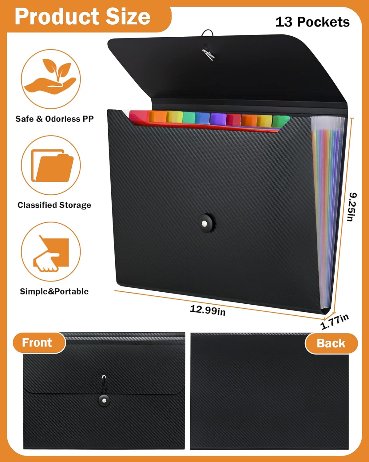 Cesil 2Pcs Accordian File Organizer Expanding File Folder, 13 Pockets File Holder Organizer, A4 Letter Size Paper Document Receipt Organizer Accordion Filing Folder for Classroom, Home, Office