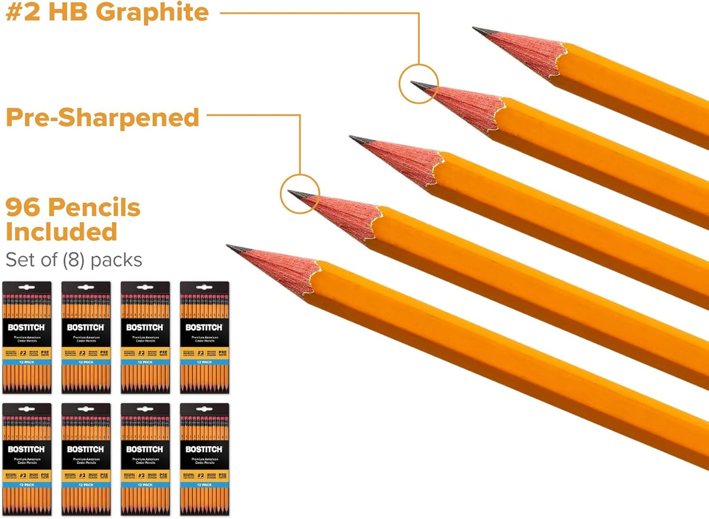 Bostitch Premium American Cedar Pencils, 96 Count