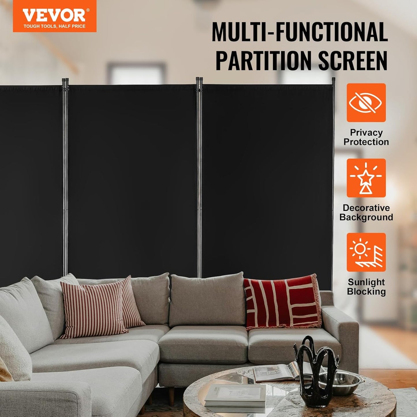 VEVOR Room Divider, 3 Panel Room Divider, Folding Privacy Screen and Portable Partition Divider for Room Separation, Freestanding Room Partitions for Office, Bedroom, Black