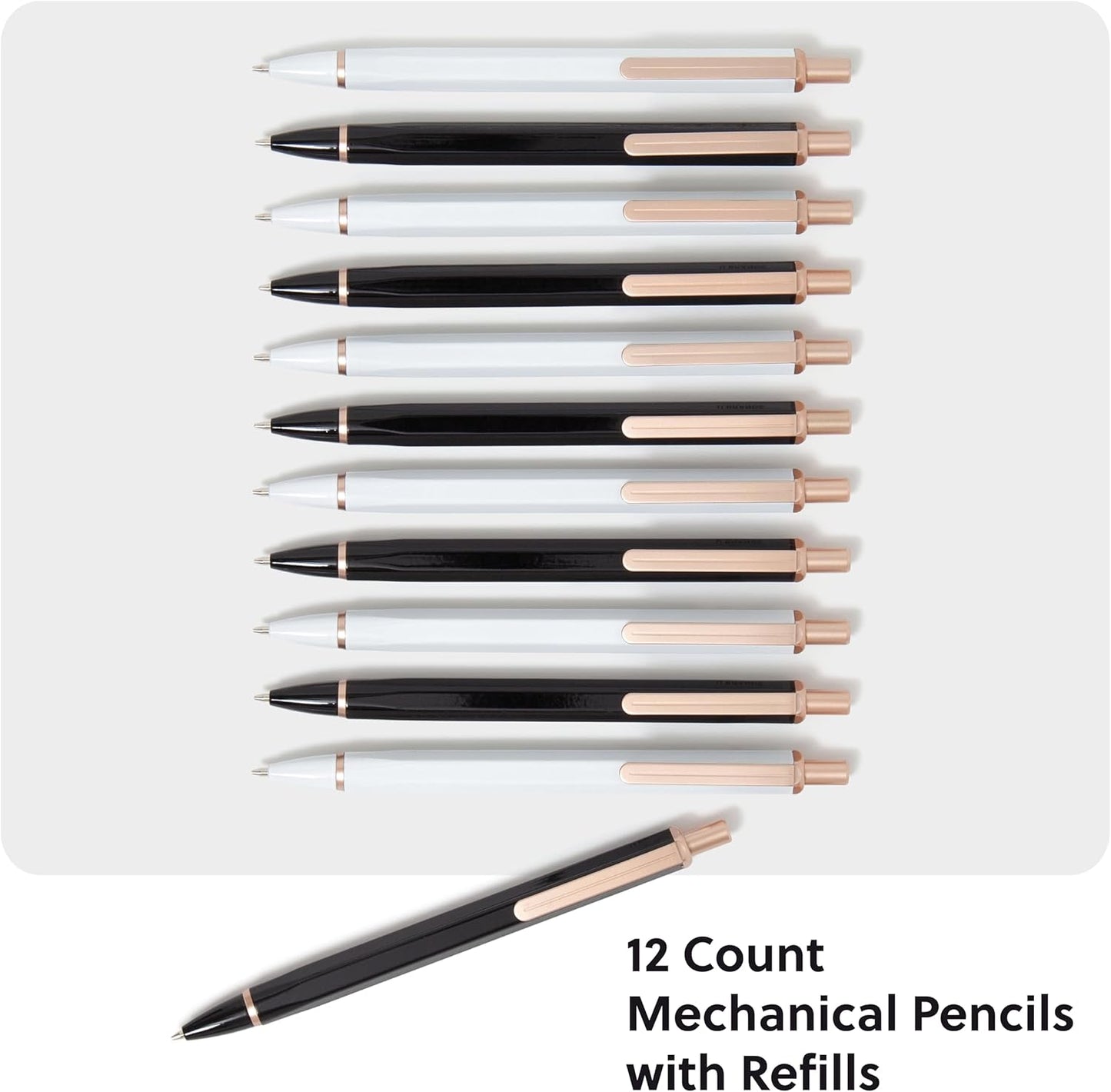 U Brands Cambria Mechanical Pencils, Set of 12, White and Black, Rose Gold Details, Medium (0.7 mm) Point, Lead and Eraser Refills