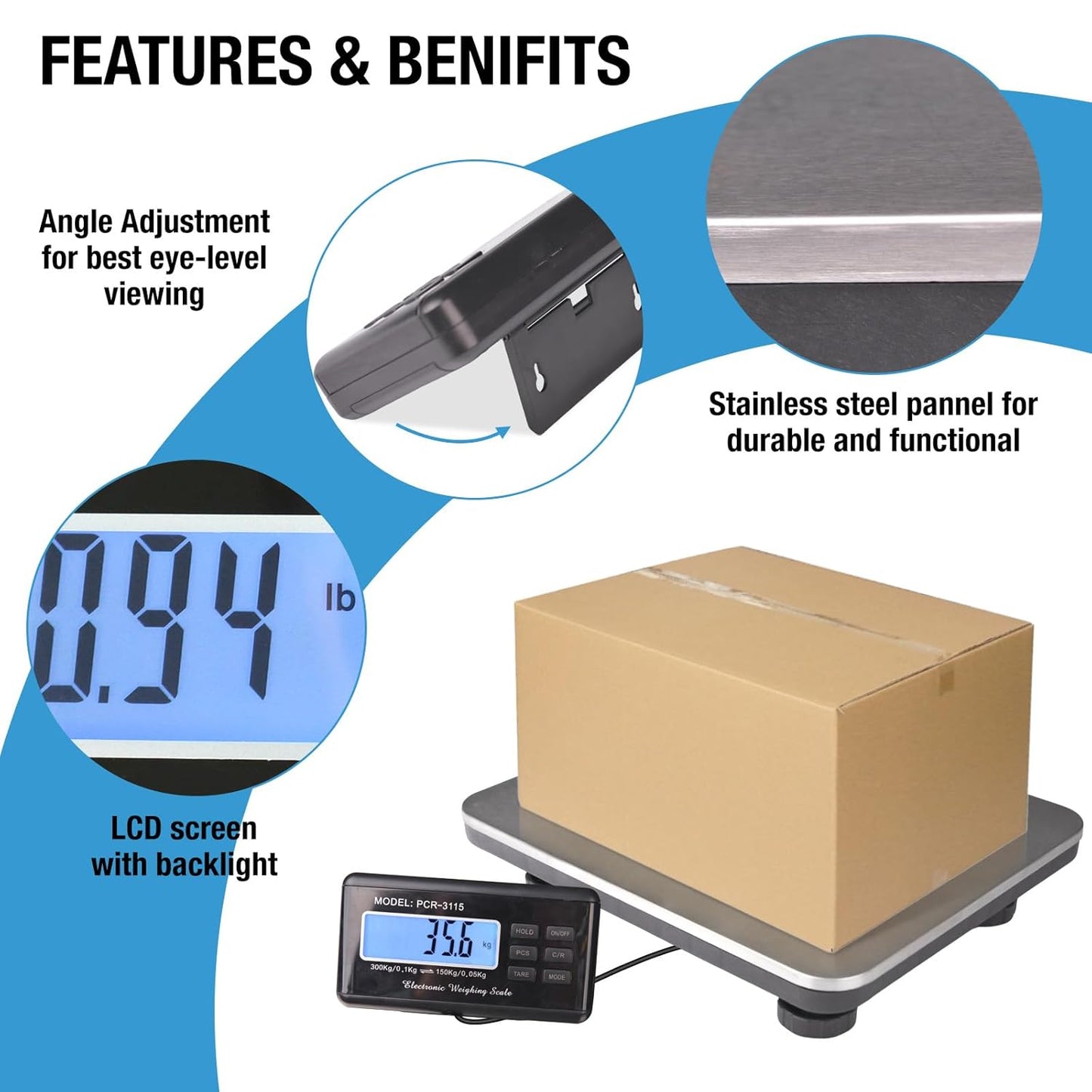 SurmountWay Shipping Scale 660lbs LCD Digital Platform Heavy Duty Portable Stainless Platform for Postal Shipping Scale Industrial Floor Scale W/ 14"X 12"