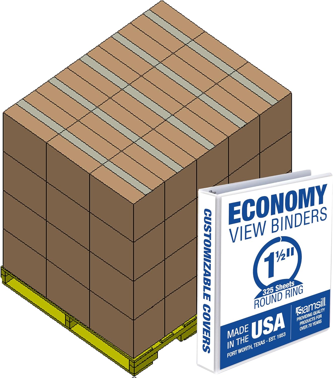 Samsill Economy 1.5 Inch 3 Ring Binder Bulk Pallet, Made in The USA, Round Ring Binder, Customizable Clear View Cover, White, Pallet of 720 Binders in 60 Cartons