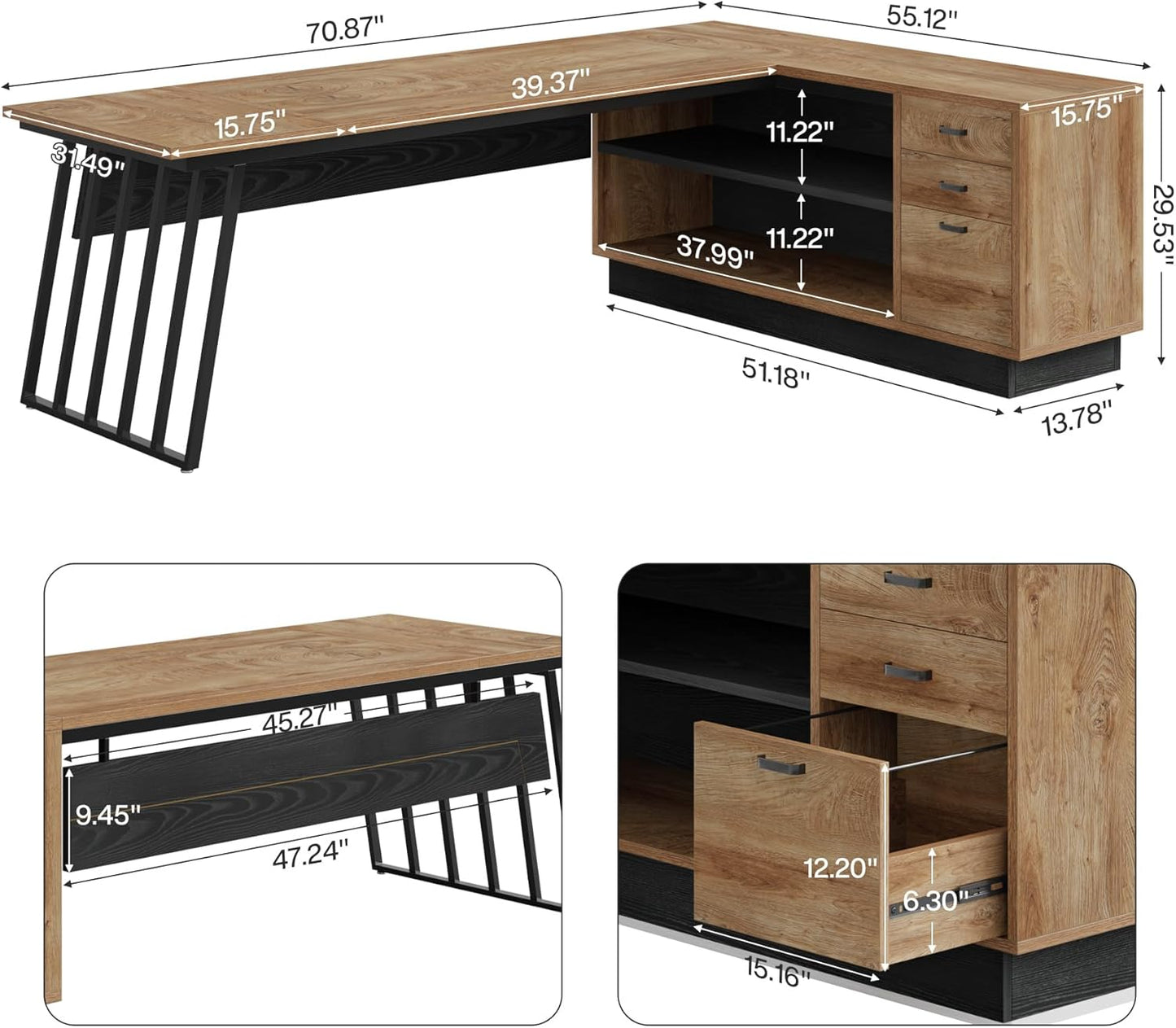 Tribesigns 71-Inch Executive Desk, L-Shaped Desk with Cabinet, Large Office Desk with Drawers and Storage Shelves, Writing Table Computer Desk for Home Office, Oak and Black