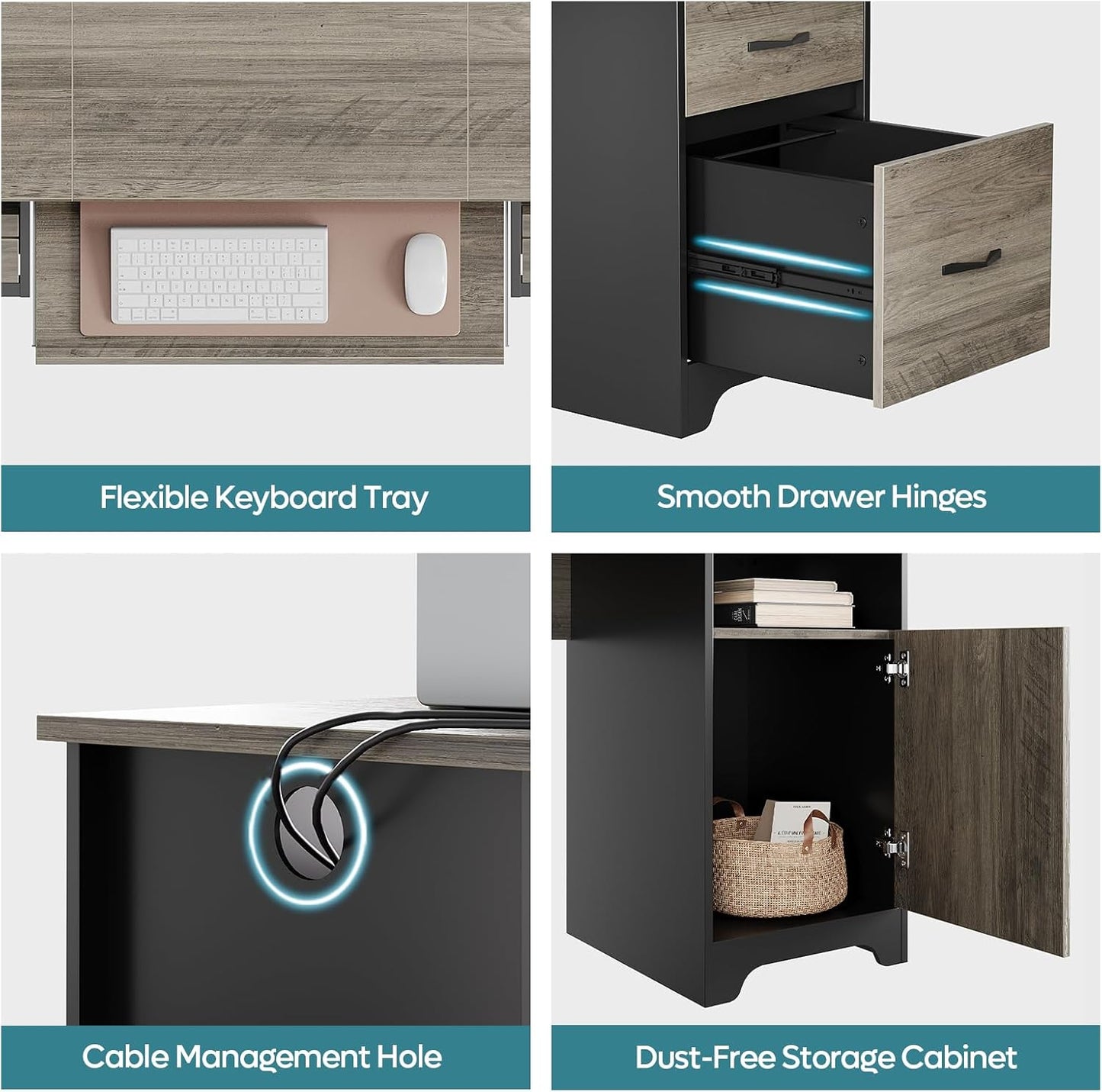 Bestier 59” Executive Desk with 2 Drawers, Computer Desk with Storage Cabinet, Industrial Wood Desk with File Drawer, Keyboard Tray & 2 Pedestals for Home Office & Studio, Gray