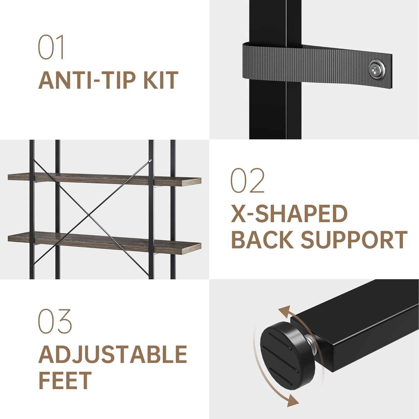 Bookshelf Set of 2, Heavy Duty 4-Tier Industrial Bookcase, 47" Wide Wood Bookshelf for Home Office, 120lbs Shelf Capacity, Rustic Display with Horizontal Shelf for Living Room Bedroom,Grey