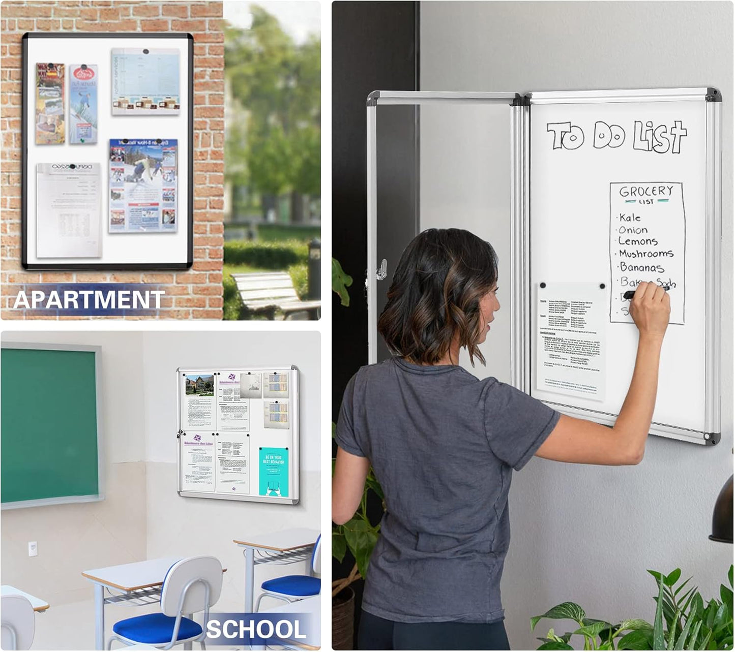 SWANCROWN Locking Bulletin Boards Enclosed Noticeboard White Glass Message Boards Indoor for School Office 38x28inch(9xA4)