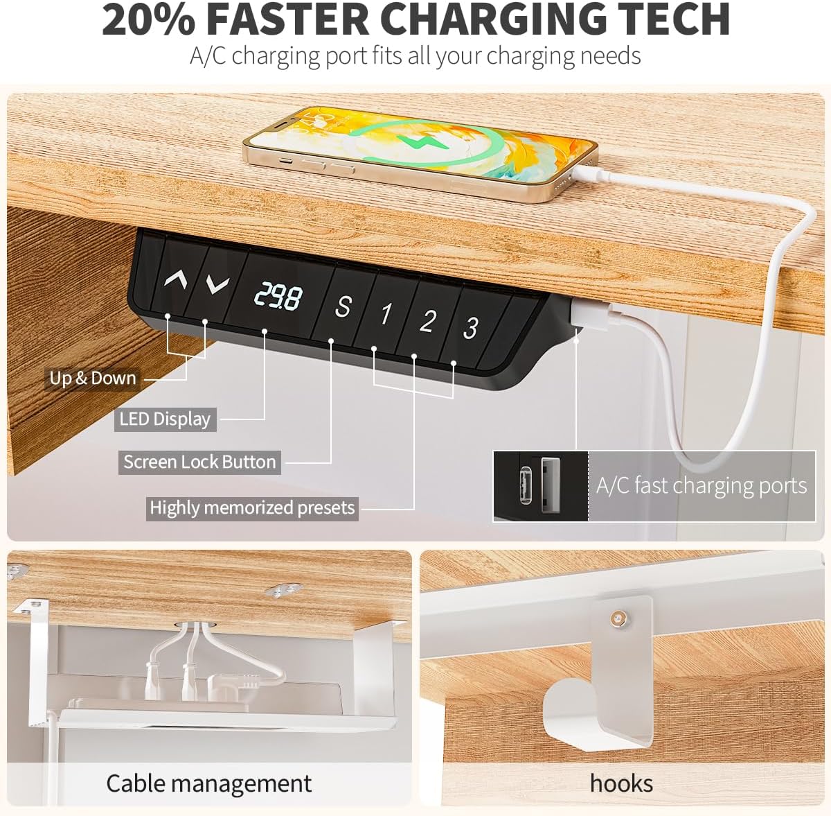 Standing Desk with Fast Charging USB Ports, 63" x 30" Height Adjustable Home Office & Gaming Desk, Sit Stand Desk with Built-in Storage Shelf, Hook & Ergonomic Design(Maple)