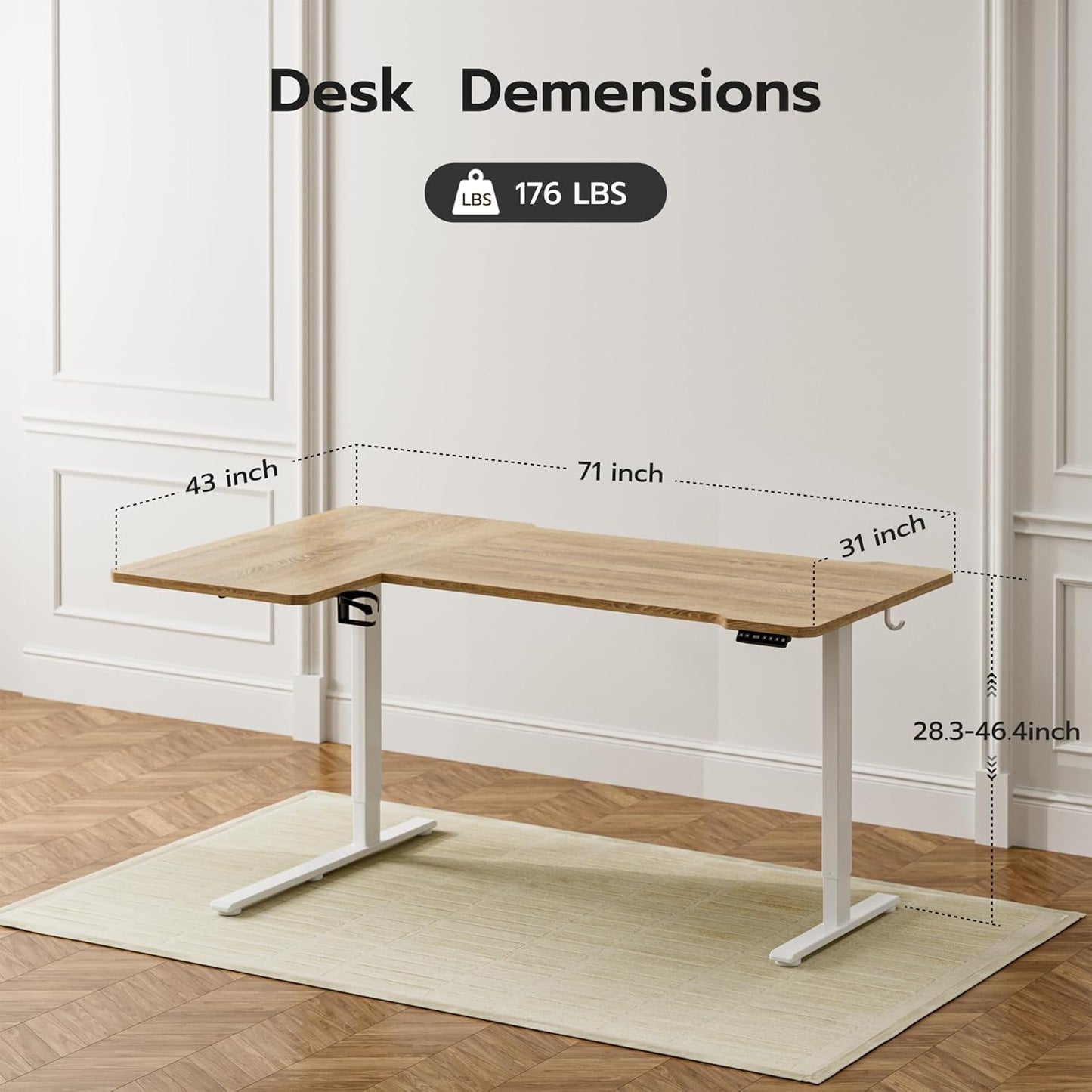 71" Reversible L-Shaped Electric Standing Desk Adjustable Height Gaming Stand Up Corner Desk Sit Stand Home Office Computer Desk with Splice Board, Basswood