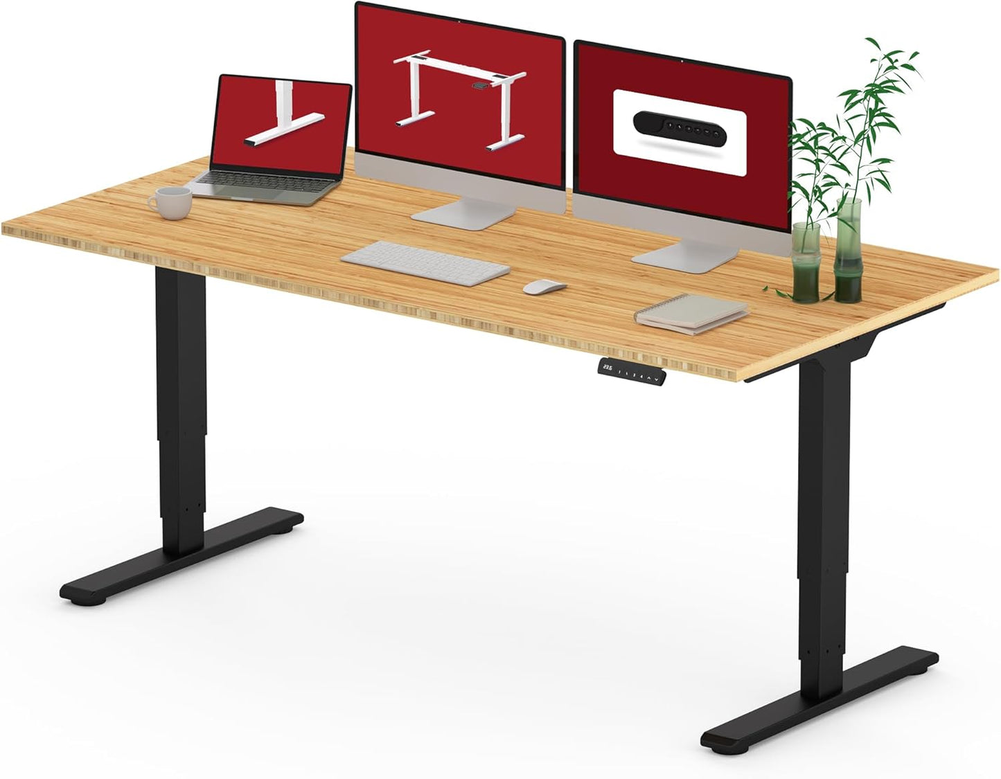 Standing Desk with Dual Motor, 3-Stage Lifting Column, Handset with 3 Preset and Sit-Stand Reminder - 60 inch Whole Piece Real Bamboo/Black Frame, Height Adjustable Desk for Home and Office