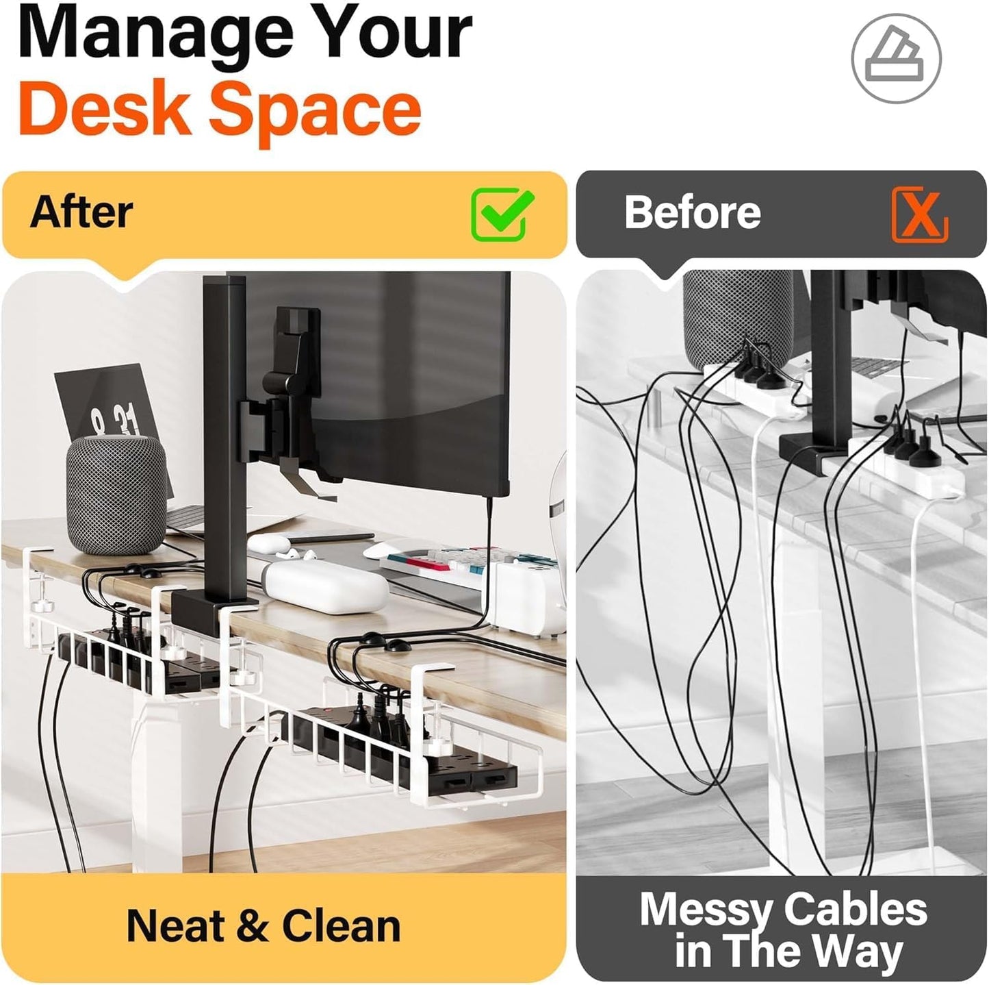3 Pack Cable Management Under Desk Tray, 47.1" No Drill Under Desk Wire Management with Upgraded Clamp, Metal Cord Organizers with Cable Organizers, PC Cord Organization Rack, White