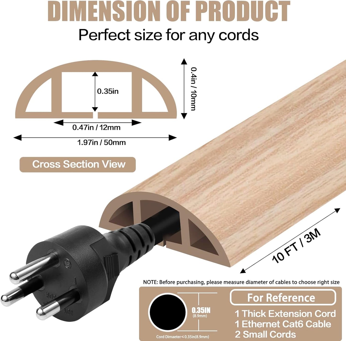 Floor Cord Cover Self Adhesive Cord Hider,10FT Cable Management, Extension Strip Protector for Wires, Prevent Cable Trips for Offices, Gyms, Exhibitions Cavity:0.47"(W) x0.35(H) WoodLightyellow