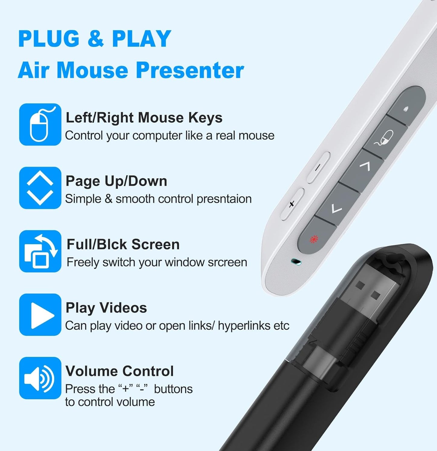 DINOSTRIKE White Presentation Clicker with Air Mouse Control, USB Type C Wireless Presenter Remote Clicker for Powerpoints Slide RF 2.4GZ Slide Advancer for Computer Laptop Mac
