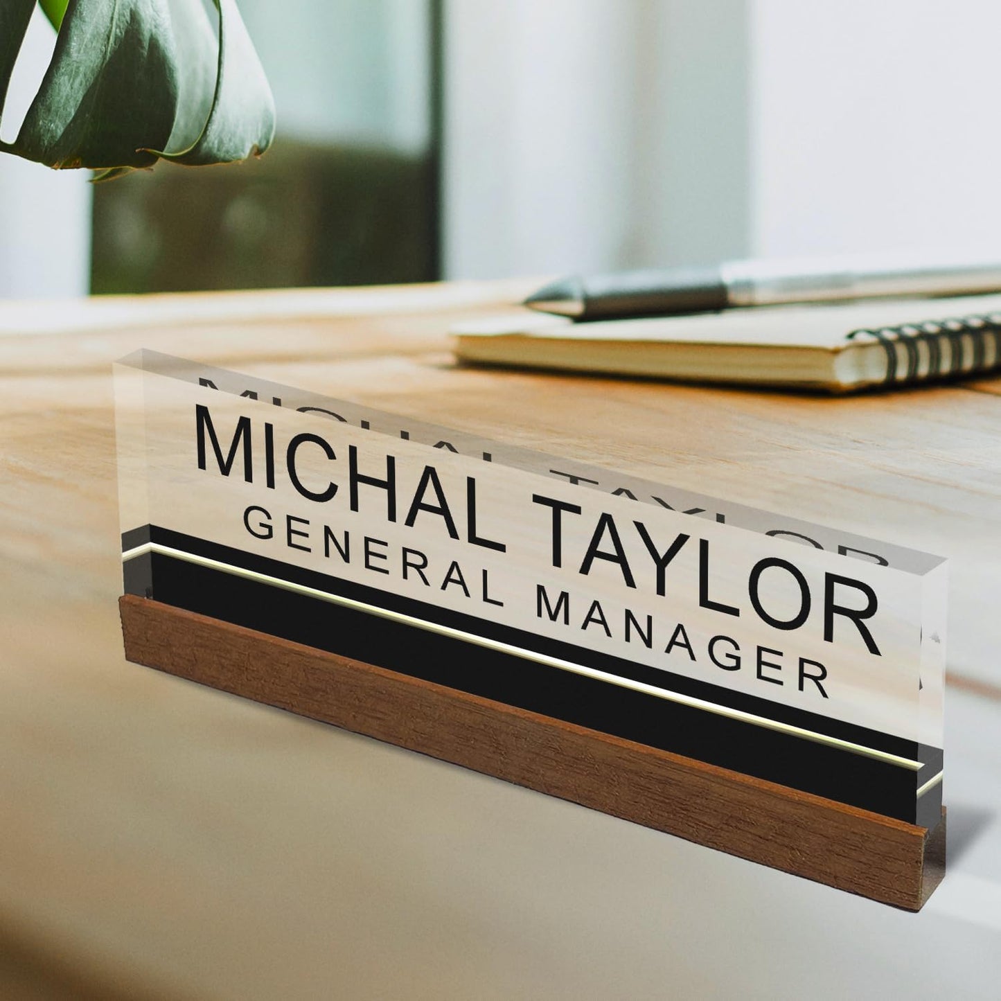 Artblox Personalized Office Desk Name Plate and Business Card Holder | Clear Acrylic Glass with Teak Wood Stand | Black Stripe Design Customized with Your Name and Credentials Office Desk Decor