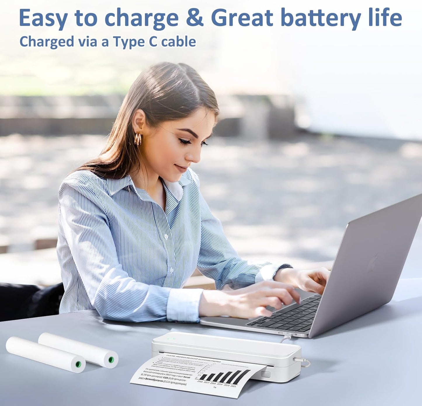 Inkless Portable Printer for Travel, Wireless Thermal Printer Supports 8.5 x 11 Inch US Letter Size, Bluetooth Machine Includes Carry Case and 3 Rolls of Thermal Paper Kit, White