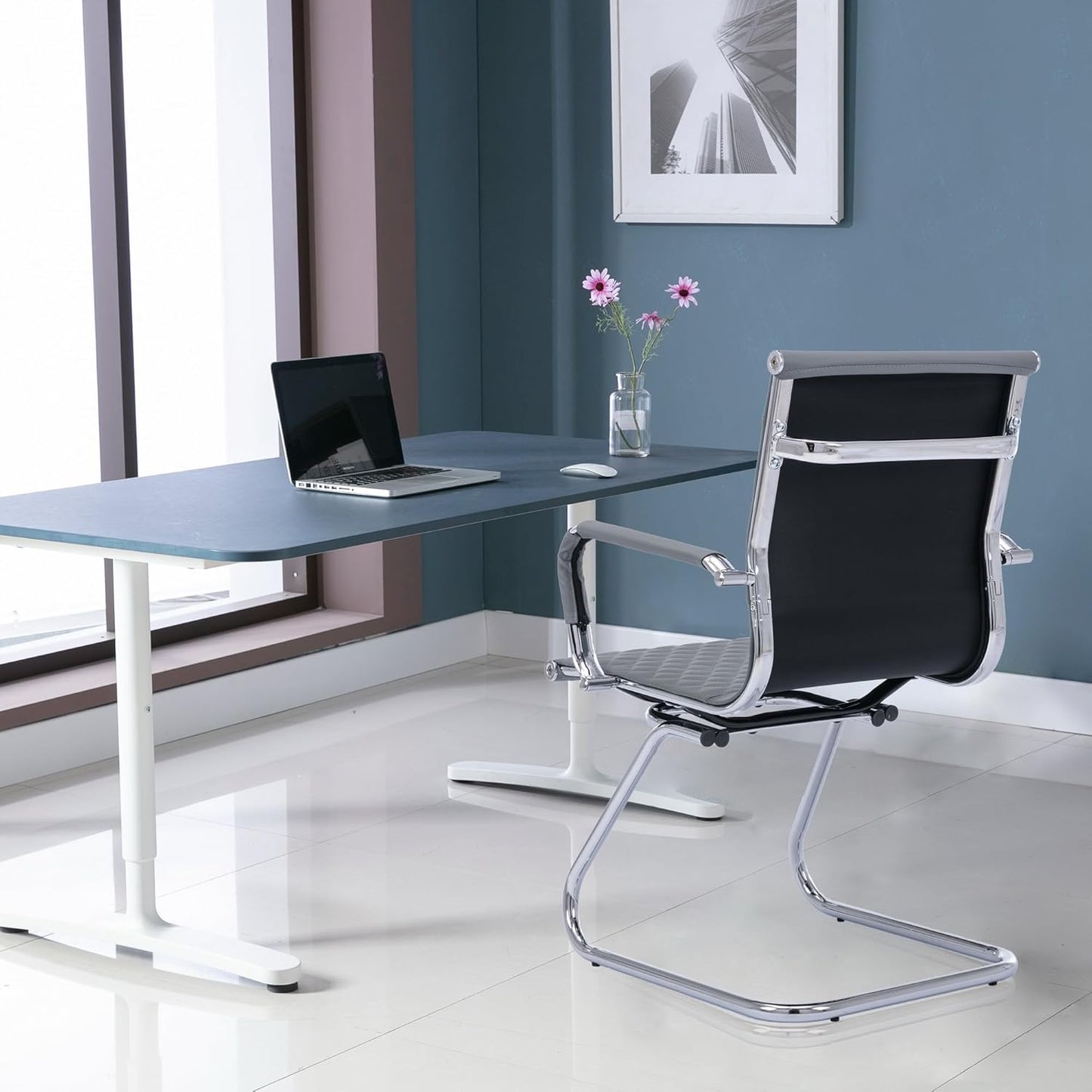 Office Guest Reception Chairs Set of 4 - Modern PU Leather Mid Back Conference Room Chairs for Waiting Room, Desk - Grey