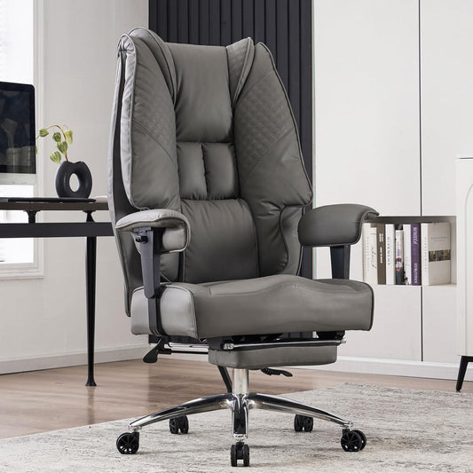 Big and Tall Office Chair 400lbs Wide Seat, Leather High Back Executive Office Chair with Foot Rest, Ergonomic Chairs Lumbar Support for Lower Back Pain Relief (Grey)