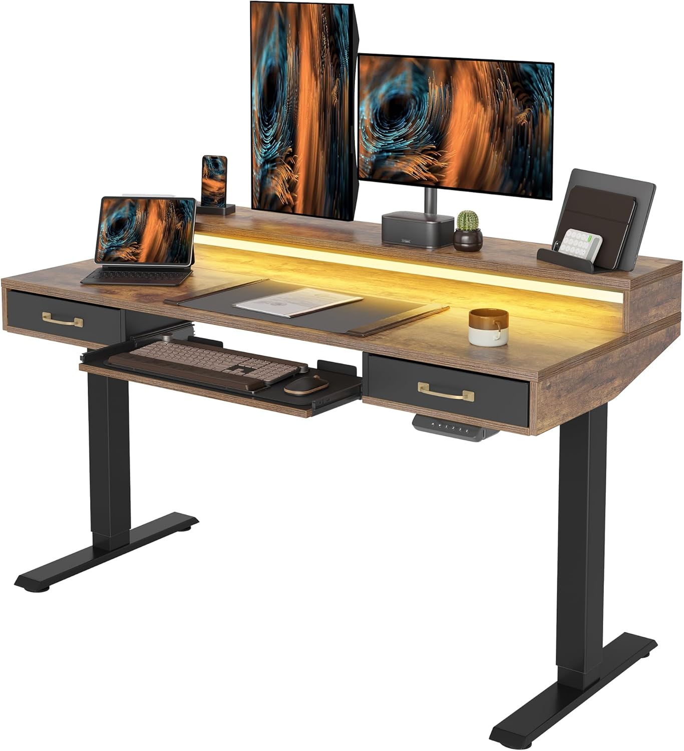FEZIBO 55 x 24 Inch Height Adjustable Electric Standing Desk with Double Drawer, Stand Up Desk with Storage Shelf, Rustic Brown