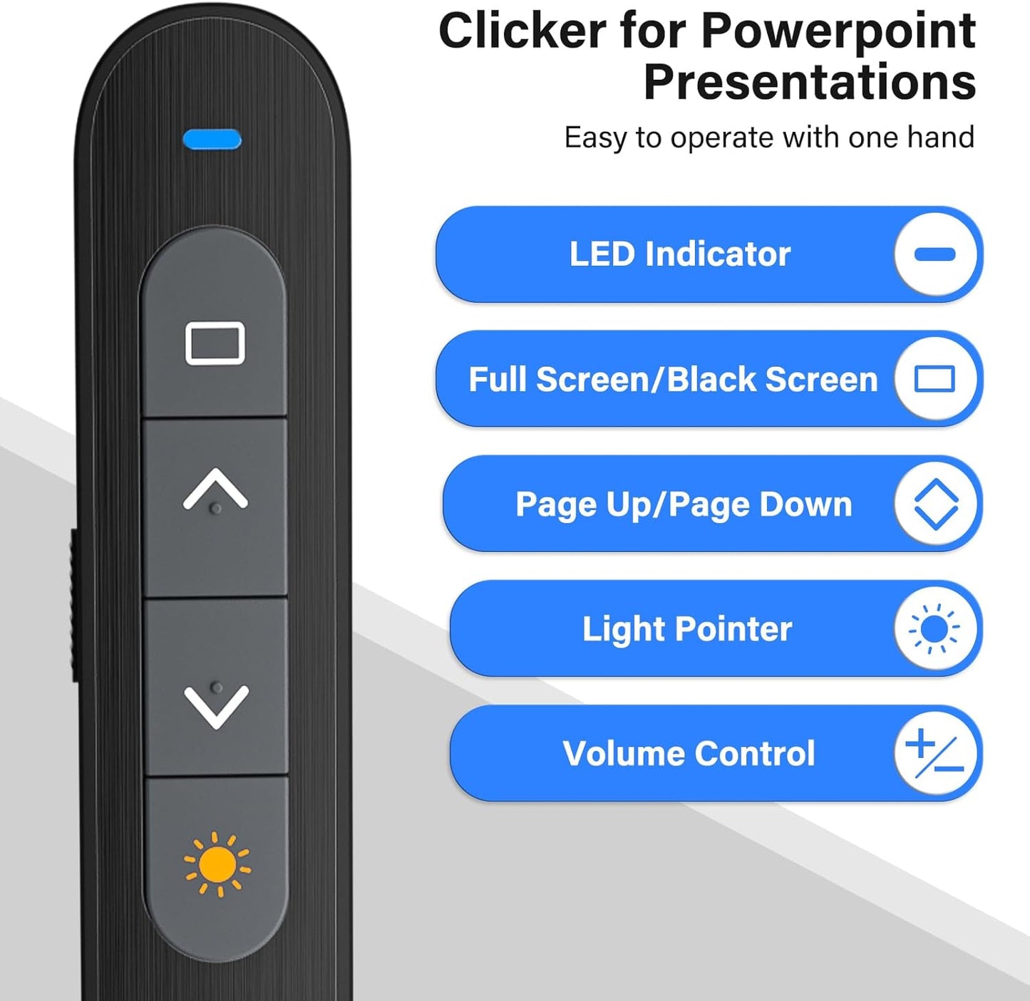 Presentation Clicker, Wireless Presenter with Red Light Pointer, Clicker for Powerpoint Presentations RF 2.4GHz USB Presenter Remote Google Slide Advancer with Hyperlink Volume Control