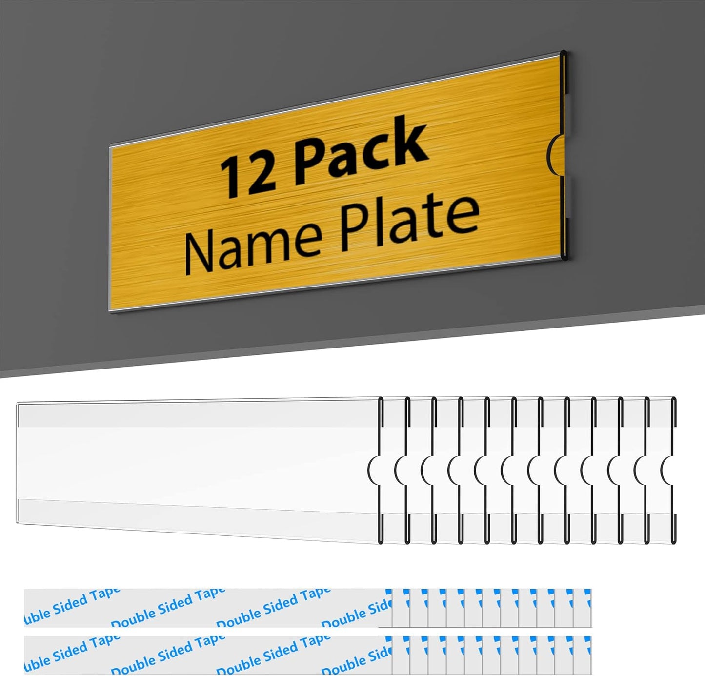 TONICE 12 Pack Acrylic Desk 2x8 Nameplate Holders, Acrylic Nameplate Holders, Wall Mount Transparent Nameplate Holders, Office Name Holders