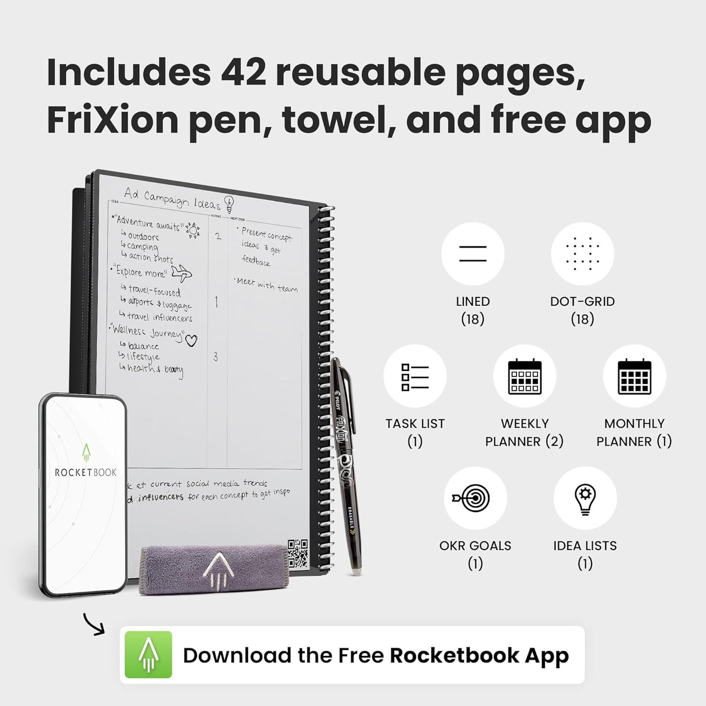 Rocketbook Fusion Reusable Undated Productivity Planner, Executive Size 6x8.8, Gray - Goals, Monthly and Weekly Calendar, Daily To-do List, Lined and Dotted Notes Pages