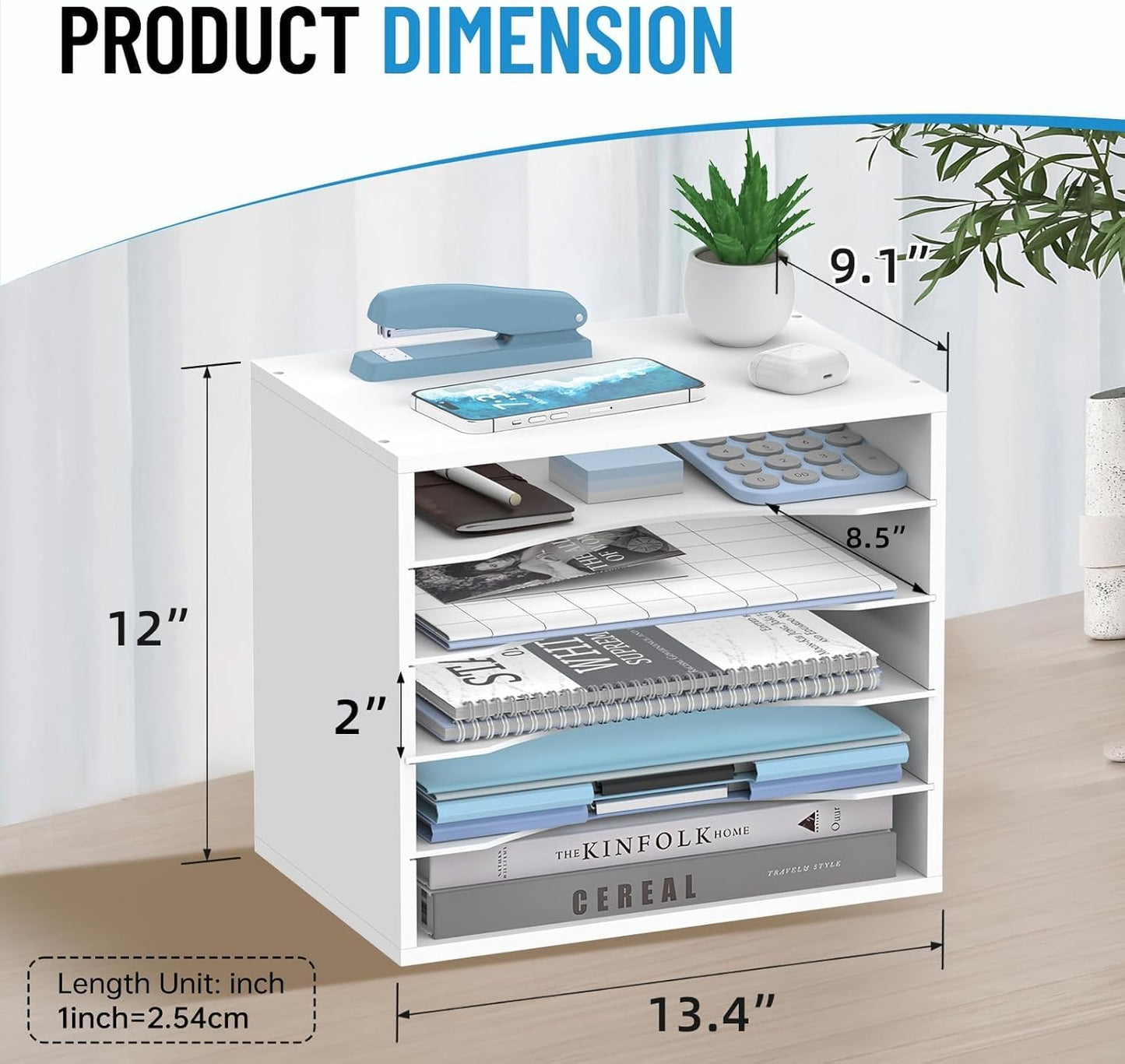 5-Tier Wood Desk Organizer, Paper Tray Organizer for Desk with Adjustable Storage Shelves, Desktop Paper Sorter Mail Holder for Office Home Classroom, White