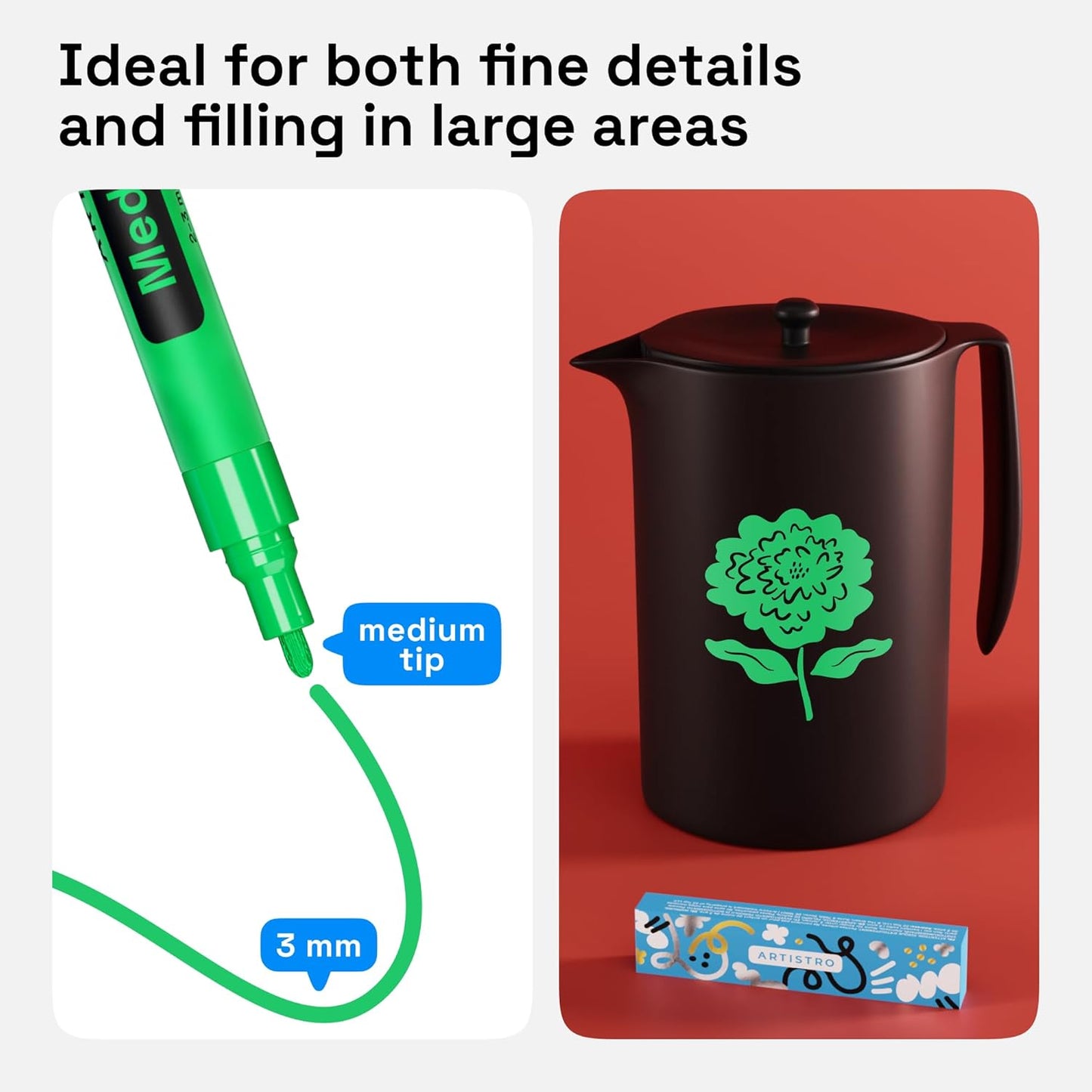 ARTISTRO 2 Green Acrylic Paint Markers - 3mm Medium-Tip Paint Pens - Perfect for Crafting, Art Projects, & More