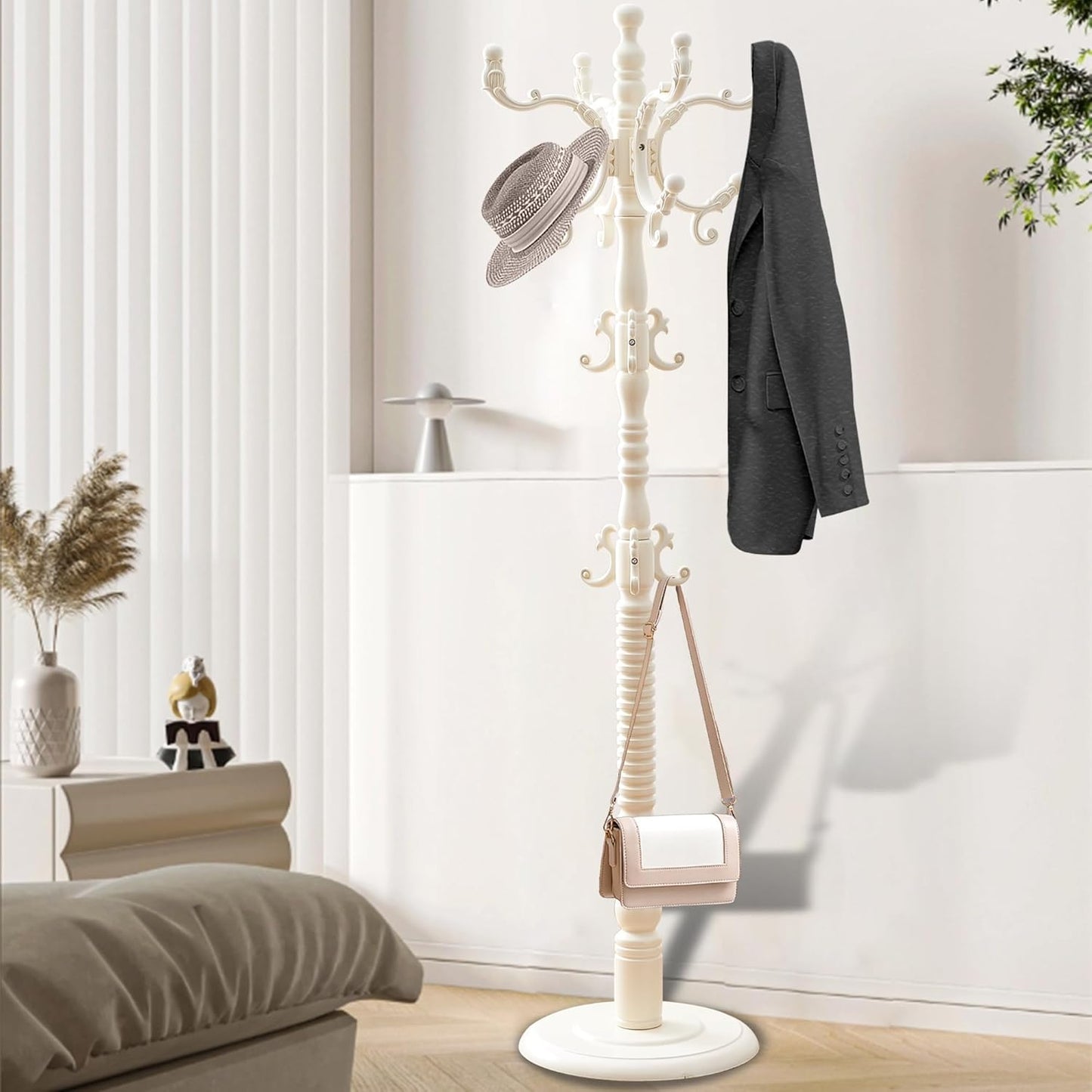 Wooden Coat Rack Free standing 18 Hooks, Vintage Coat Rack Stand for Entryway, Adjustable Height 73", Heavy Duty Coat Tree with Solid Round Base for Home Bedroom, Office (White style)