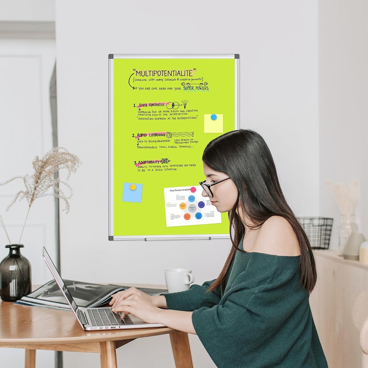 WALGLASS Magnetic Whiteboard 36"x24" Dry Erase White Board for Walls with Pen Tray, Aluminium Frame and Dry-Wipe Writing Surface for Kids' Drawing, Home, and Office (Green)