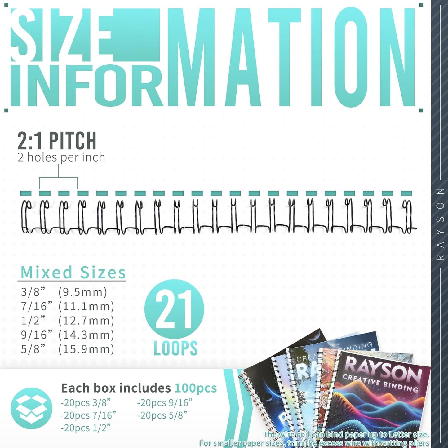 Rayson Double Loop Binding Wires, Mixed Sizes (3/8", 7/16", 1/2", 9/16", 5/8") 2:1 Pitch Wire Binding Spines, 21-Loop Black, Pack of 100