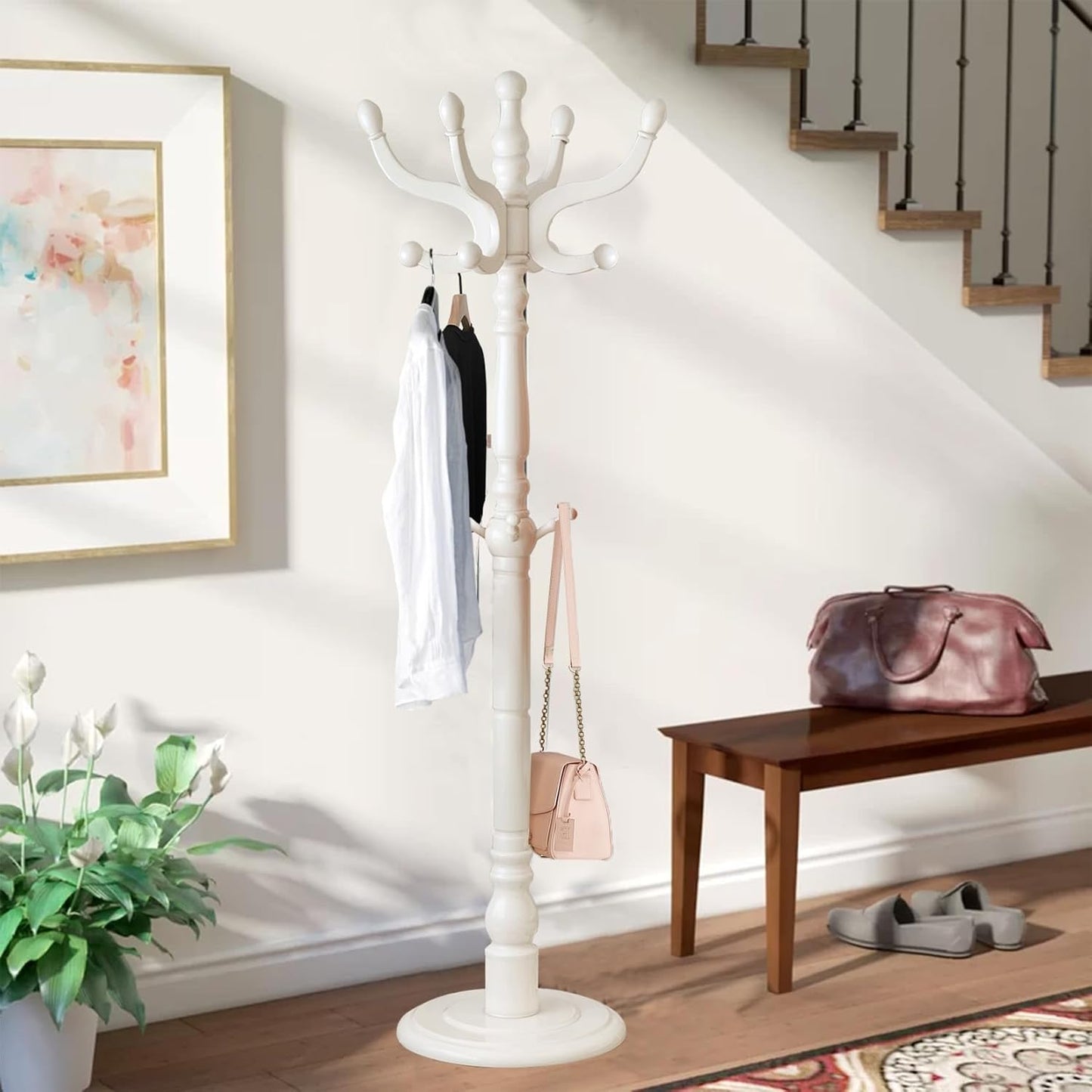 Wooden Coat Rack, Heavy Duty Coat Rack Freestanding with 11 Smooth Hooks, Coat Tree, Vintage Clothes Hanger Stand with Stable Disc Base for Bedroom, Entryway, Office-Load 180lbs (Ivory White)