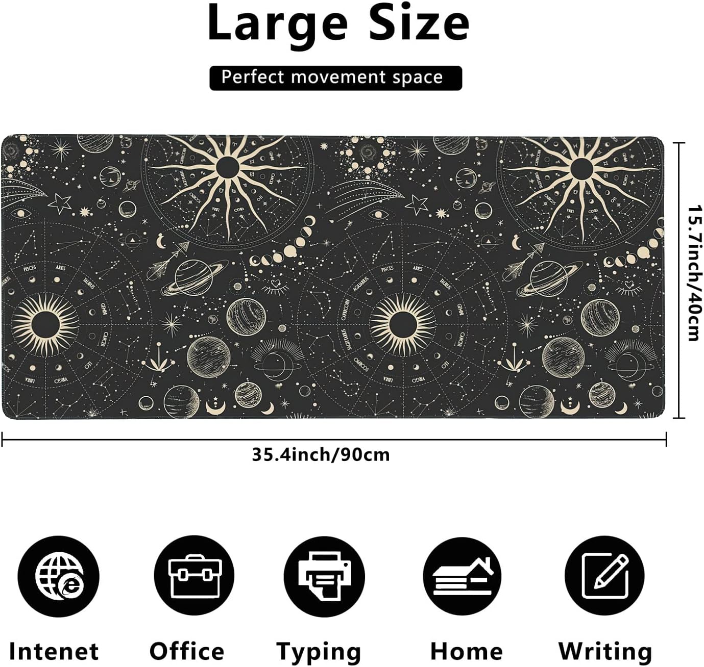 Vintage Moon Phases Extended Gaming Mouse Pad Large Desk Mat with Non-Slip Rubber Base and Stitched Edges,Keyboard Mouse Mat Desk Pad for Work,Game,Office,Home 35.4 * 15.7 Inch