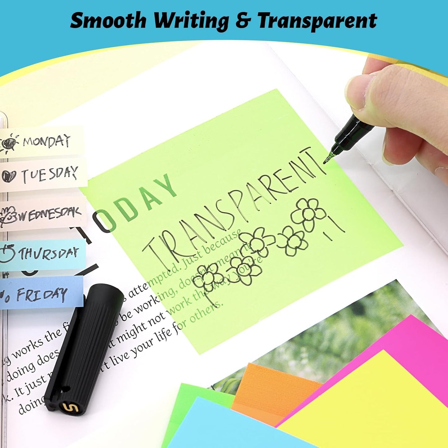 800 Sheets Transparent Sticky Notes, 3x3 Inch 14 Pads Self-Adhesive Translucent Clear See Through Post Sticky Notes for Planner Office School College Teacher Student Supplies 6 Bright Color