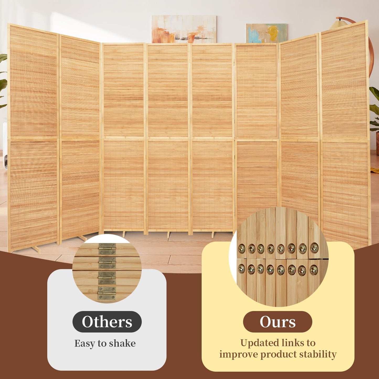 Bamboo Room Divider 8 Panel Wall Divider, 142'' W x 67'' H Folding Design with Extra Stable Base, 100% Bamboo Room Divider Screen for Room Separation, Chinese Room Partitions and Dividers Freestanding