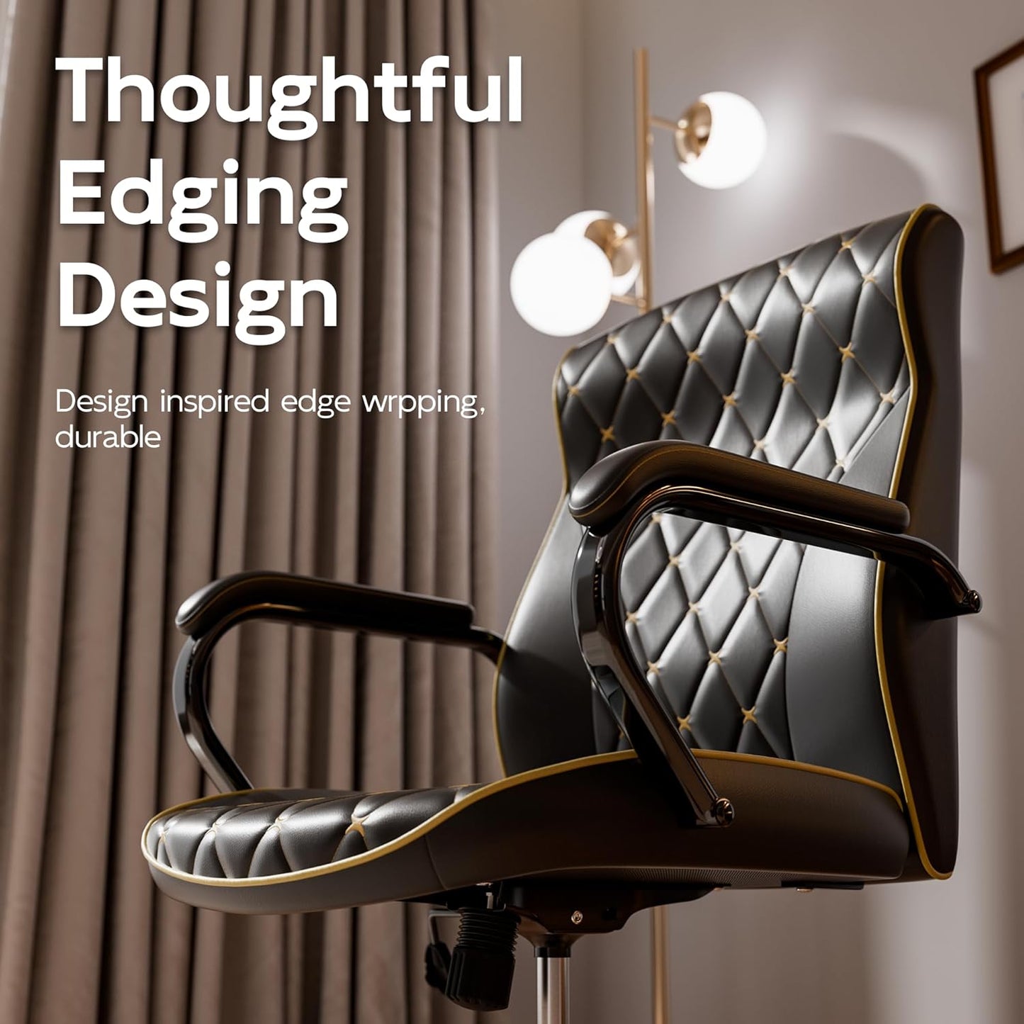 Black Office Chair with Soft Leather Embroidery, Mid Back Vintage Swivel Executive Desk Chair with Wheels and Padded Arms, Adjustable Height