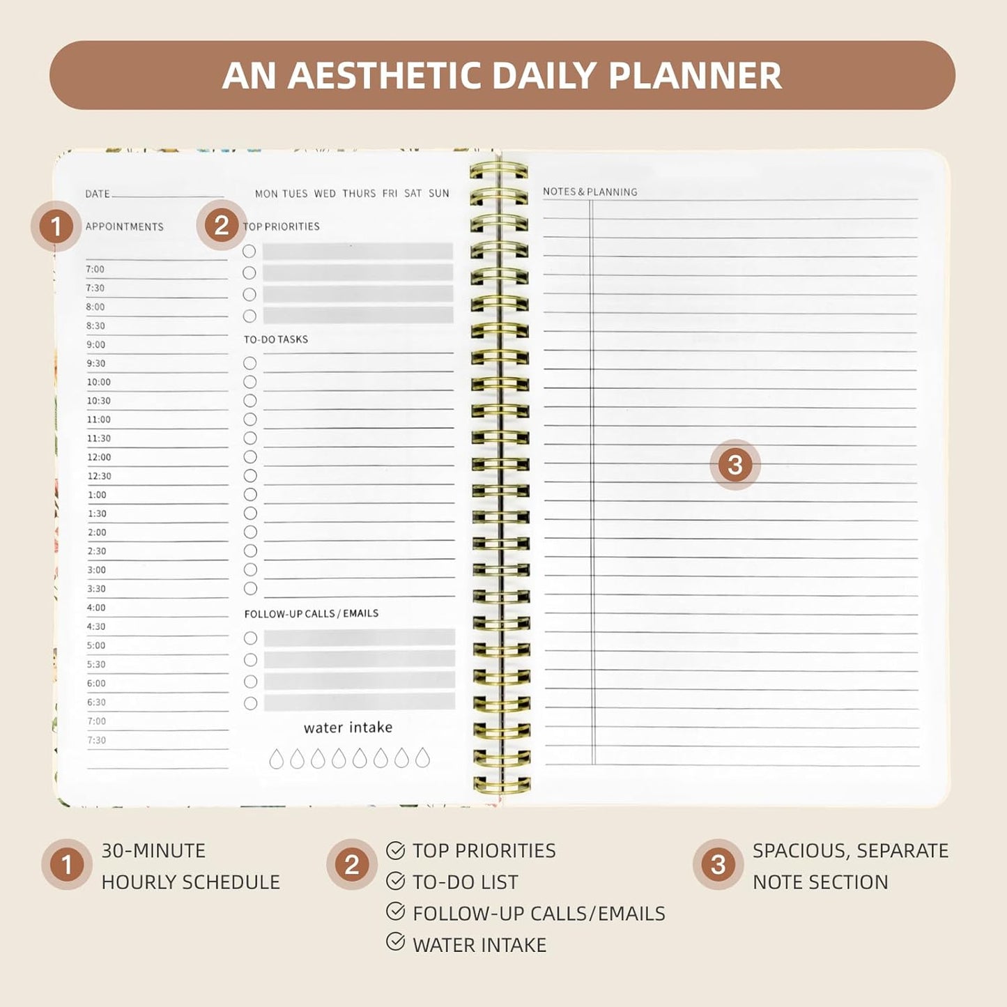 Undated Daily Planner - Spiral Notebook 80 Days One Day Per Page, Hourly Schedule, To-Do List, Notes, Everyday Planning Task, A5 Hardcover Journal Organizer Book Women Cute Aesthetic, Floral