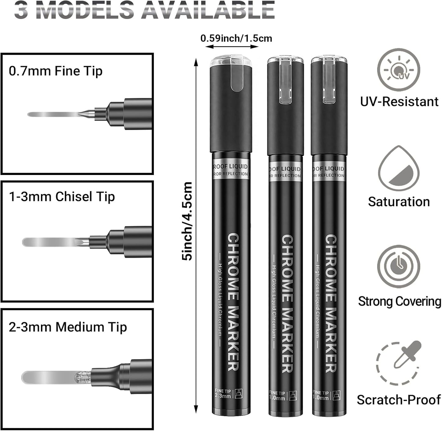 3Pcs Silver Liquid Mirror Chrome Markers, Permanent Reflective Metallic Chrome Paint Pen, High Gloss Car DIY Model Painting, Touch Up Repair Kit for Plastic Metal Glass Resins