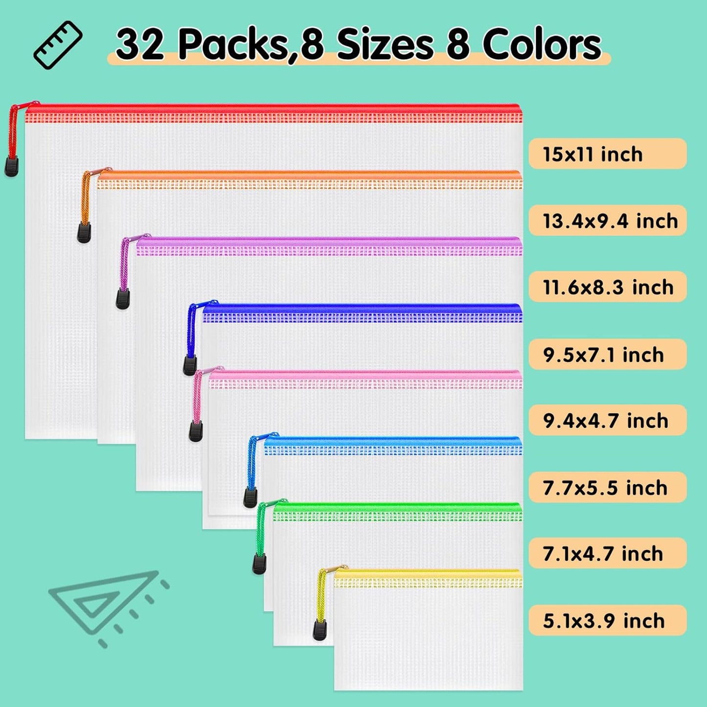 Smarpau 32pcs Zipper Pouch, 8 Sizes 8 Colors Mesh Zipper Pouches for Organizing, Waterproof Plastic Zipper Storage Bags for Board Game Storage, Travel, Office Supplies
