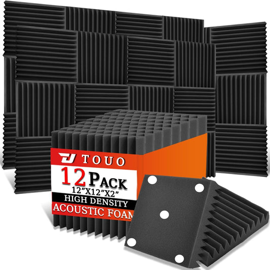 12 Pack Acoustic Panels – Sound Proof Foam Panels for Wall 12"x12"x2", Flame Retardant Wedge Acoustic Foam, High-Density Sound Absorbing Panels for Home Studio(Black, 2" Thick 12 Pack)