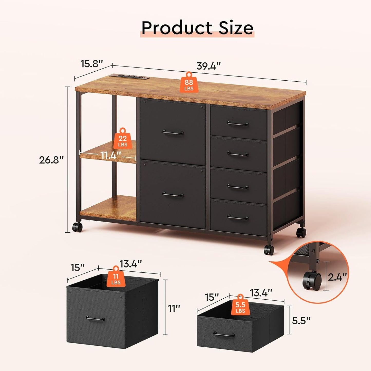 6 Drawer File Cabinet with Charging Station Rolling Printer Stand with Open Storage Shelf Fabric Lateral Filing Cabinet for Home Office,Rustic Brown