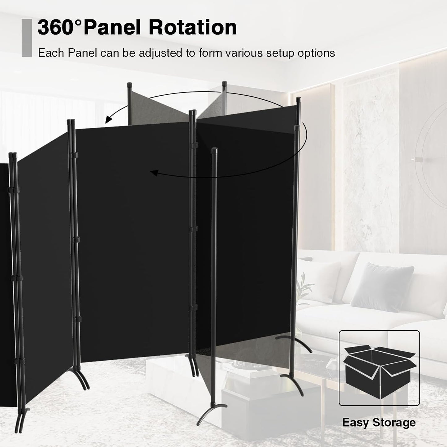 Room Divider 6-Panel Privacy Screen, Portable Screen Steel Frame with Hook&Loop for Home, Office, Classroom, Studio, Meeting (Black)