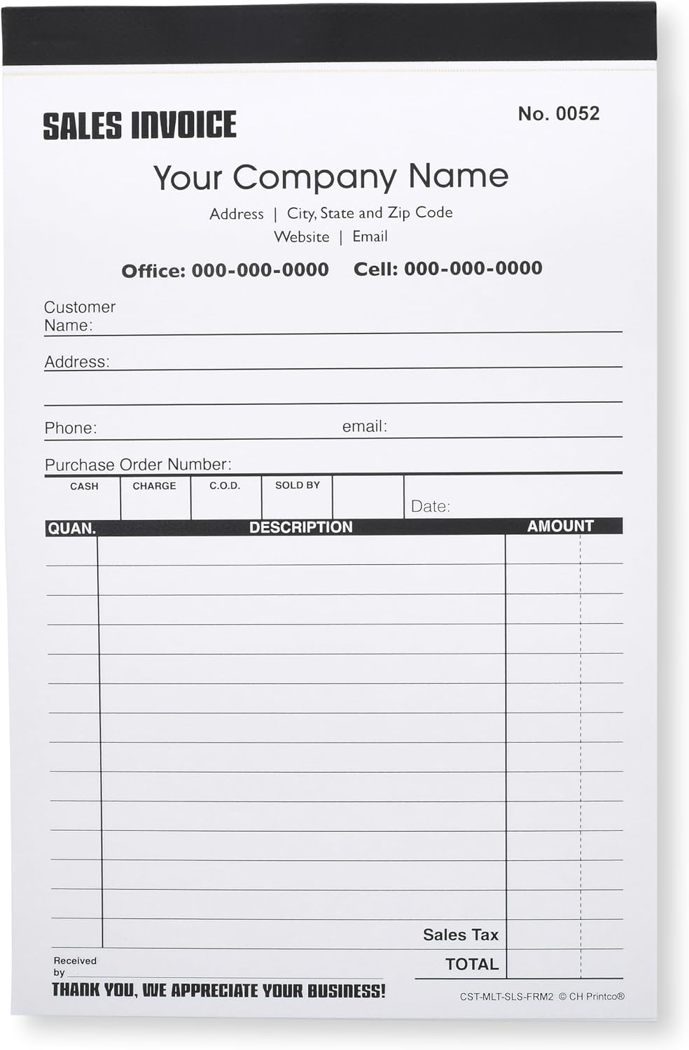 Custom Sales Invoice Personalized Duplicate Carbonless Form with Your Company Name - 2 Books (100 Sets) Numbered