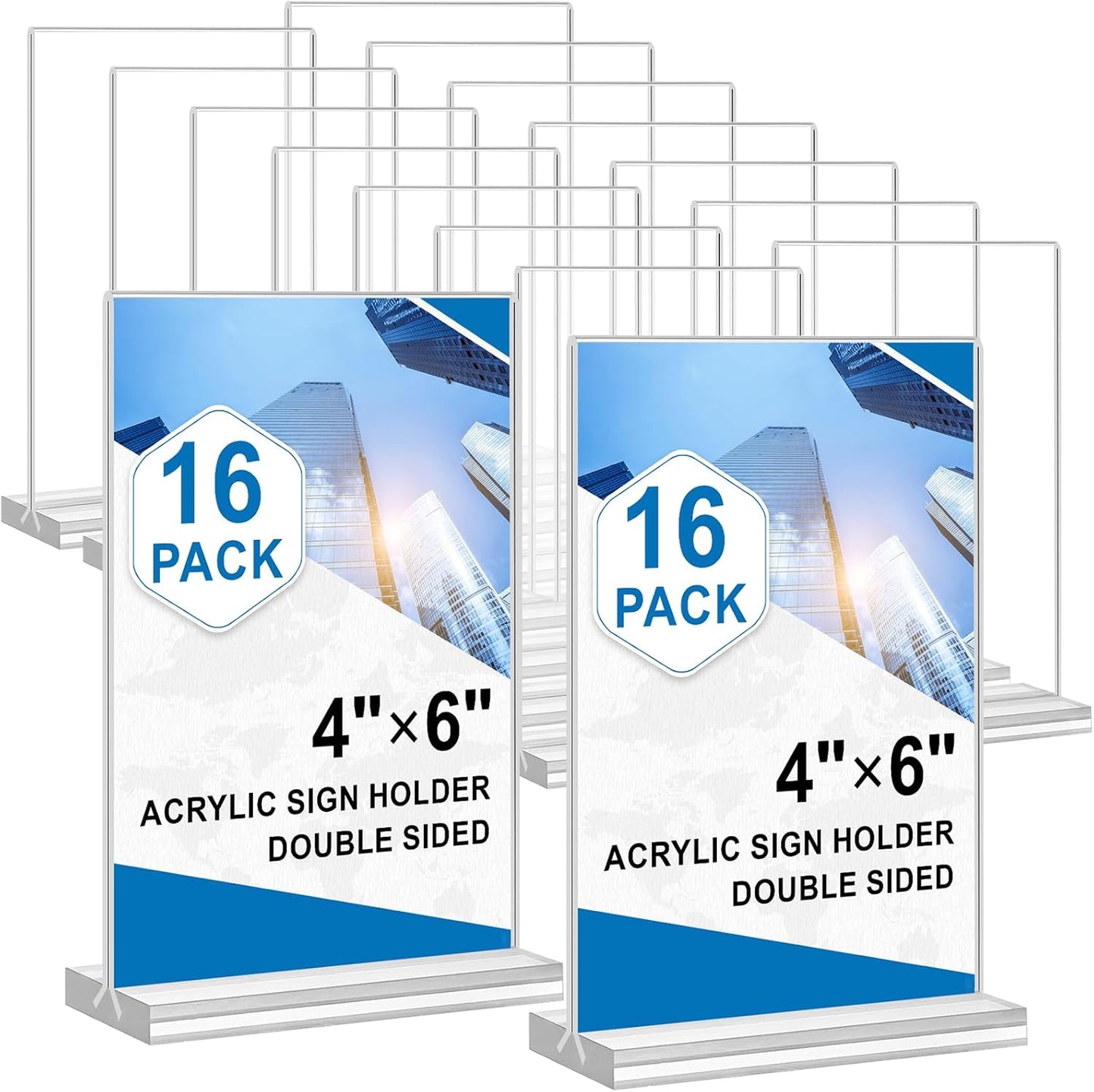 Acrylic Sign Holder 4x6, 16 Pack Clear Double Sided Clear Table Menu Vertical Display Stand Desktop Display Stand Paper Holder Table Sign Holder Suitable for Restaurants Office Store Show Fair