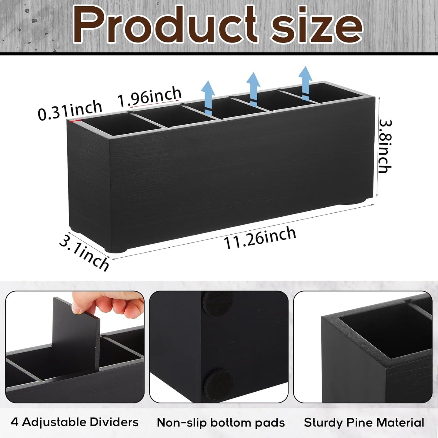 Jetec Wooden Pencil Holder 5 Compartments for Desk Adjustable Pen Holder Wood Office Desk Organizers and Accessories Makeup Brush Organizer for Pen, Home, Office and Art Supplies(Black)