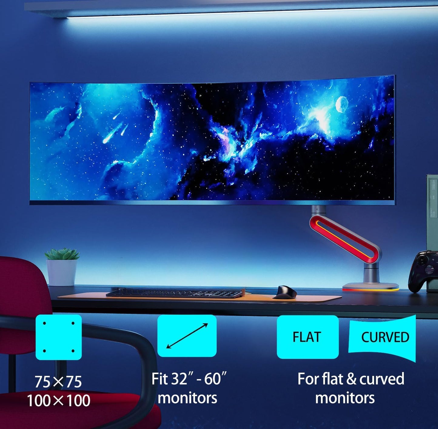 NB Designer Gaming Monitor Arm for 32 to 60 Inches Screen, Load up to 20 kg, VESA 75/100, RGB-Light, Heavy Duty, Multi Angle Adjustable, Premium Aluminum, Long Arm Extension Red