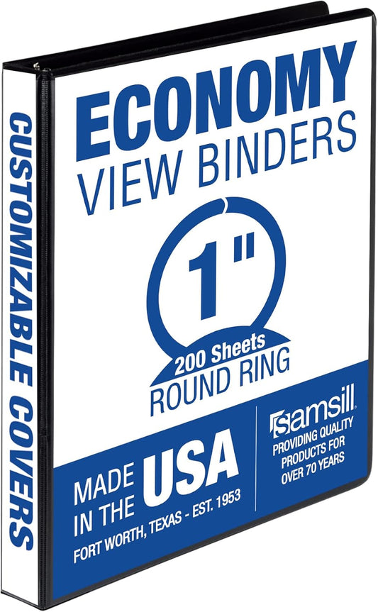 Samsill 1 Inch 3 Ring Binder, Made in USA, Economy Round Ring, Clear View Cover, 200 Sheet Capacity - for School, Home, Office - Charcoal Black