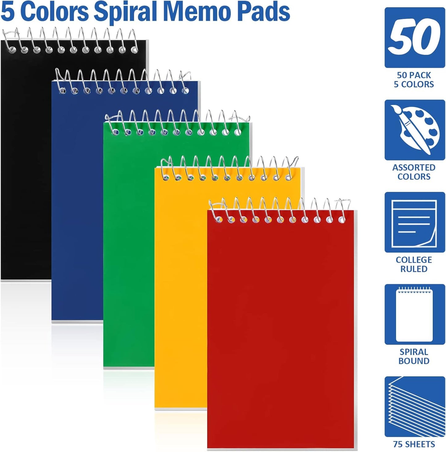 100 Pieces Spiral Memo Pads Bulk 3 x 5 Inch Small Note Pads Top Bound Lined College Ruled Paper Mini Notepad Pocket Spiral Notebooks for School Office Home Supplies, 75 Sheets (Bright Colors)