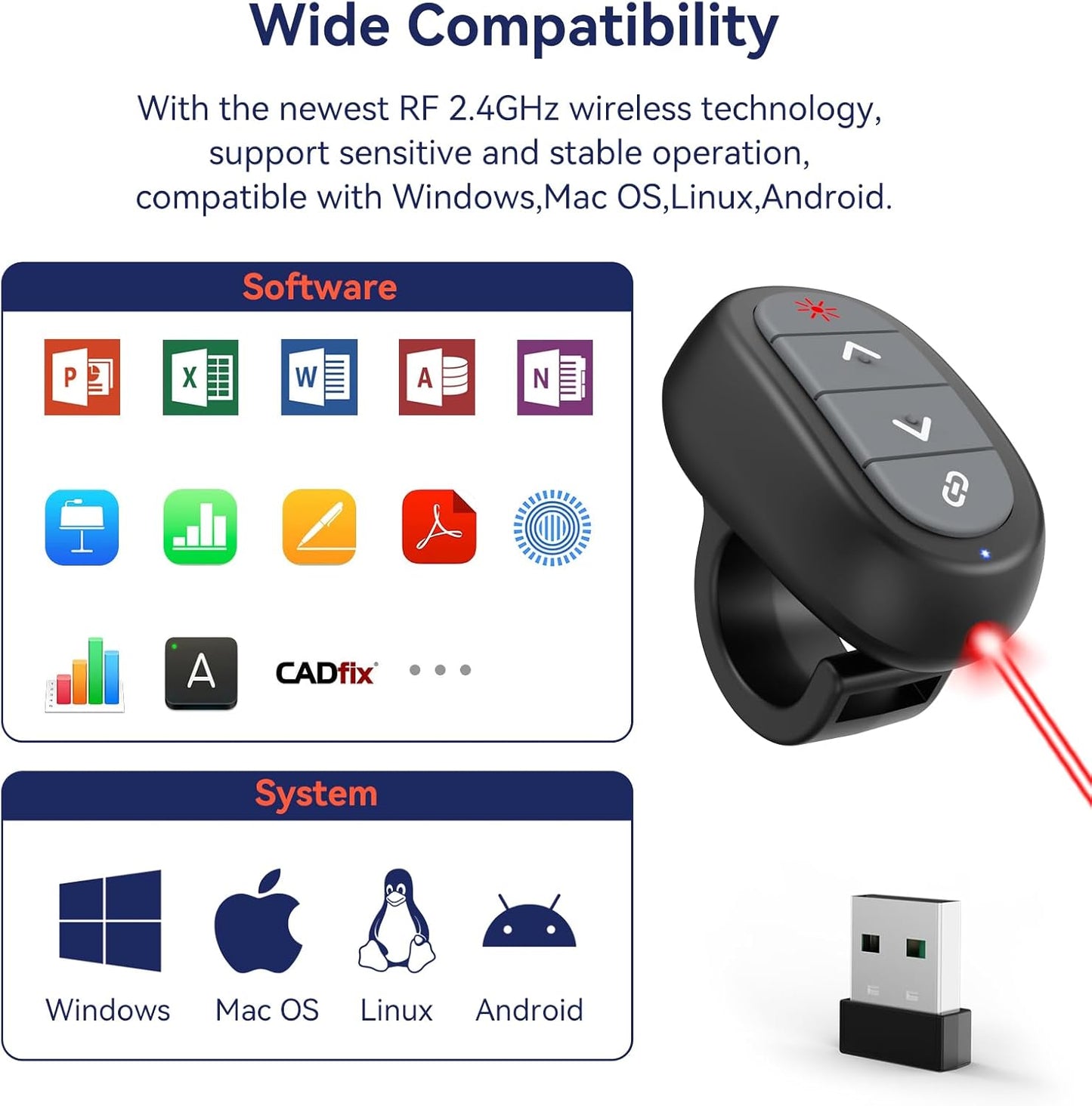 Presentation Clicker Wireless Presenter Remote: USB Rechargeable Finger Ring Clicker for PowerPoint Presentations, PowerPoint Clicker with Laser Pointer, Multi-OS Compatible