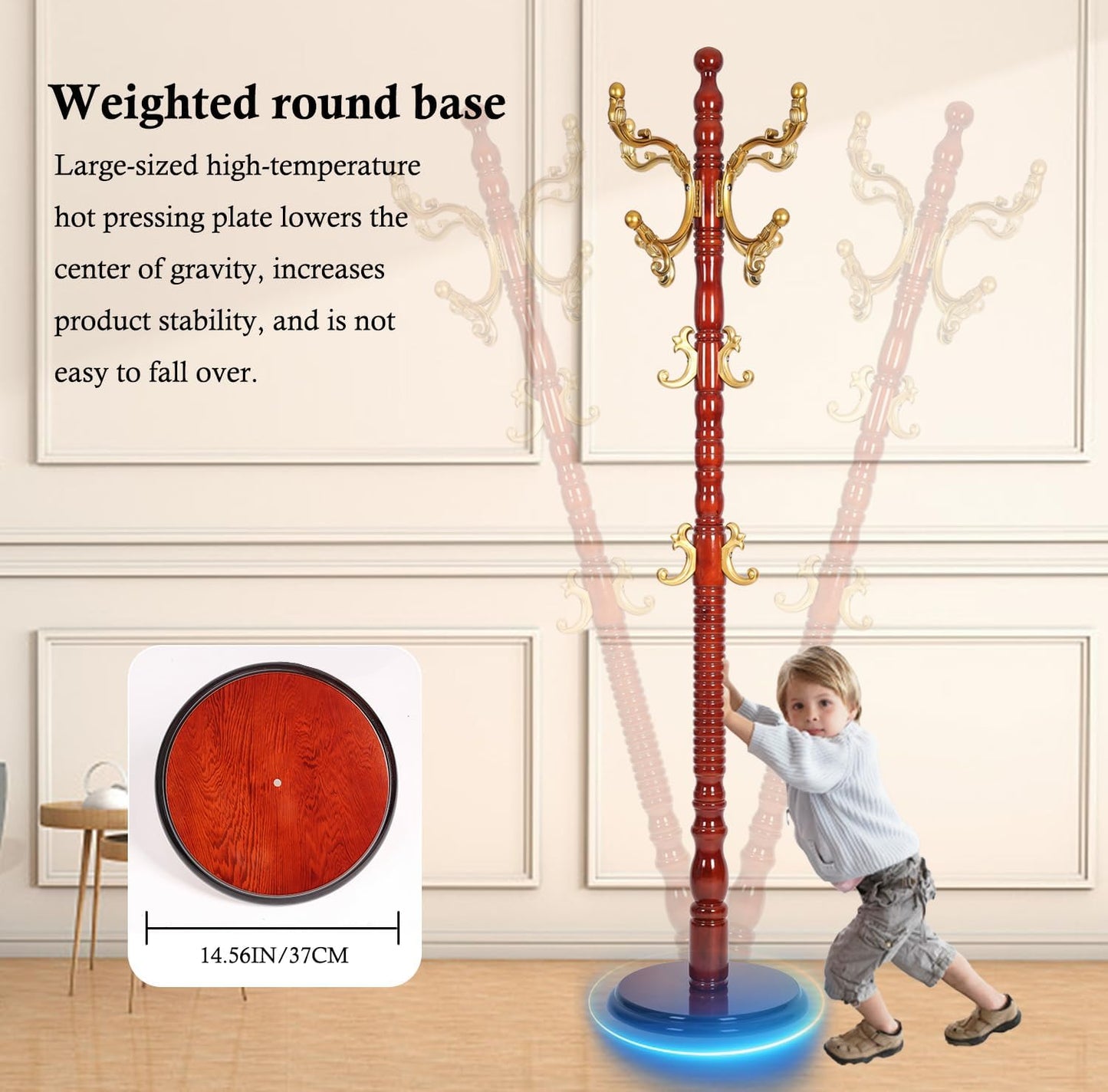 Coat Rack Stand, Solid Wooden Coat Tree with 14 Hooks, Heavy Duty Coat Rack Freestanding with Sturdy Round Base, Natural Birch Wood Coat Hanger Stand for Entryway Bedroom (Begonia)