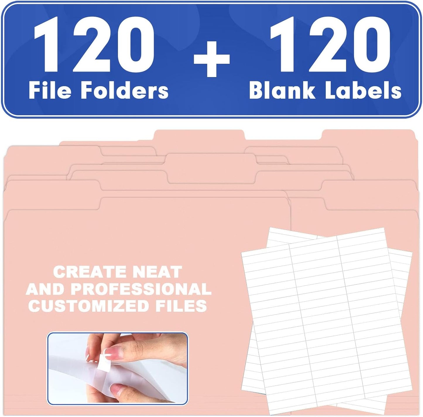 File Folder, HERKKA 120 Pack 1/3 Cut Tab File Folders, File Folders Great for Organizing and Filing, Letter Size, Pink