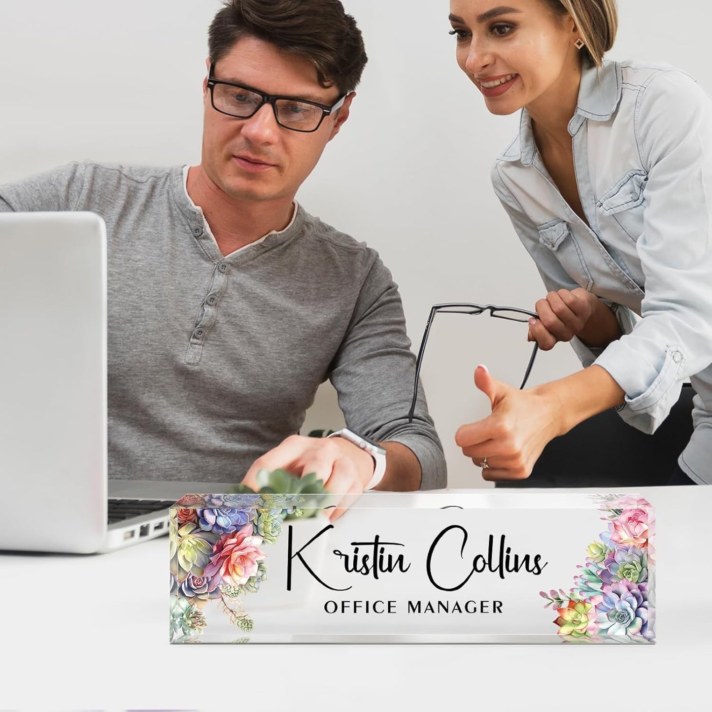 Custom Name Plate for Desk, Acrylic Office Decor For Women Men, Personalized Office Desk Accessories, Teacher Employee Appreciation Gifts For Social Worker Boss Coworkers (Succulent 1)
